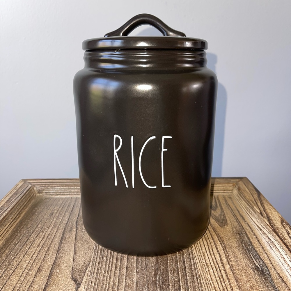Rae Dunn Black Ceramic Rice Container